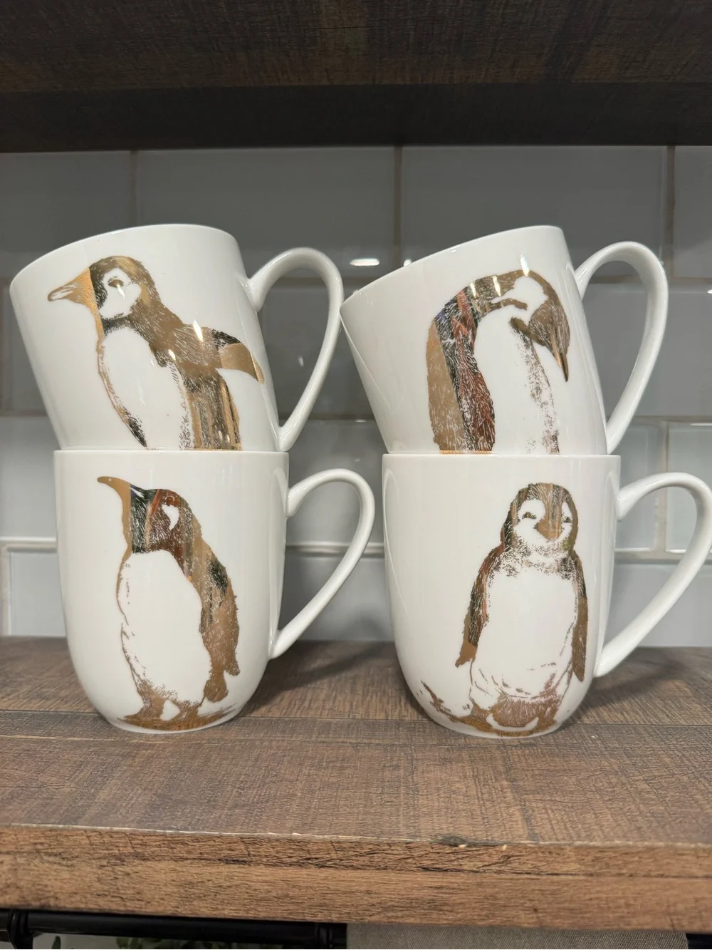 Pier 1 Gold Penguin Print on White Porcelain Coffee Mug - Set of 4